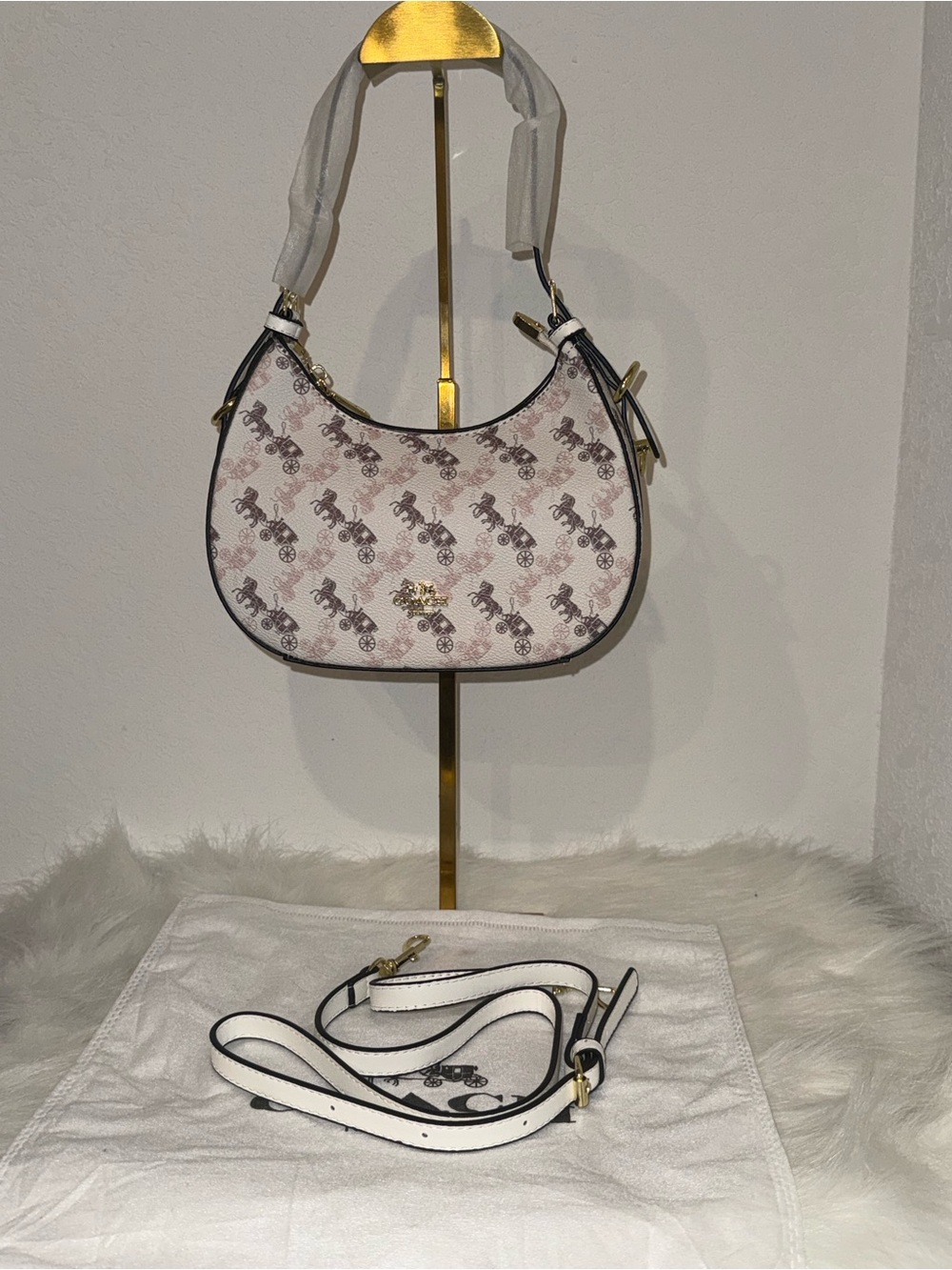 Coach Pink & White Signature Mini Shoulder Bag with Gold Hardware